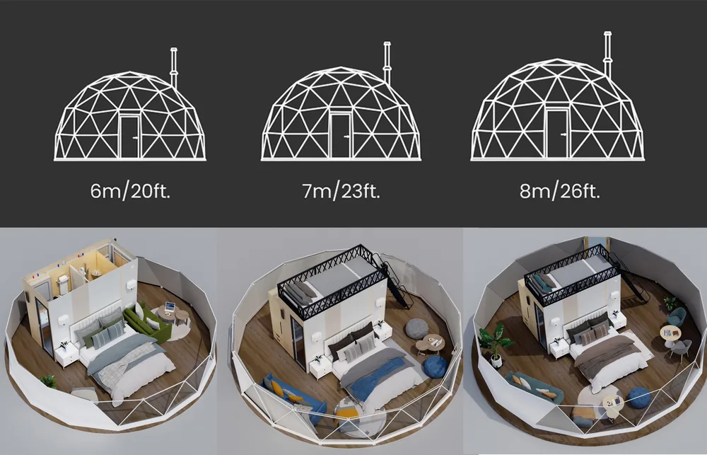 De 6 en 8 meter dome naast elkaar, met doorsnedes van de indeling